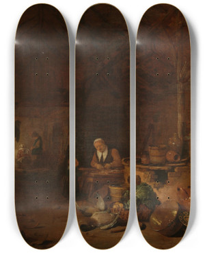 Triptych art skateboard deck of Egbert Van Der Poel Interior Of A Barn_2 by Egbert van der Poel (1621-1664)