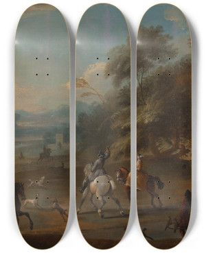 Triptych art skateboard deck of Jan Wyck A Hawking Party_1 by Jan Wyck (1645-1702)