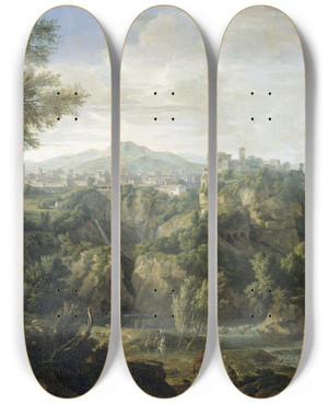 Triptych art skateboard deck of Isaac De Moucheron View Of Tivoli by Isaac de Moucheron (1667-1744)