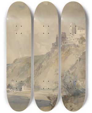 Triptych art skateboard deck of William Callow Rheinfels And St Goar by William Callow (1812-1908)