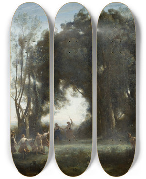 Triptych art skateboard deck of Jeanbaptistecamille Corot A Morning The Dance Of The Nymphs by Jean-Baptiste-Camille Corot (1796-1875)