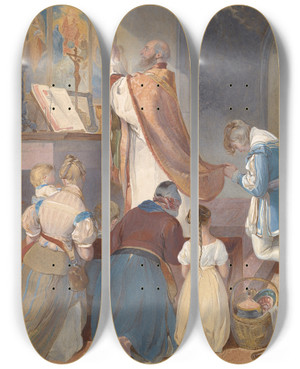 Triptych art skateboard deck of Peter Fendi Fridolin Assists With The Holy Mass by Peter Fendi (1796-1842)