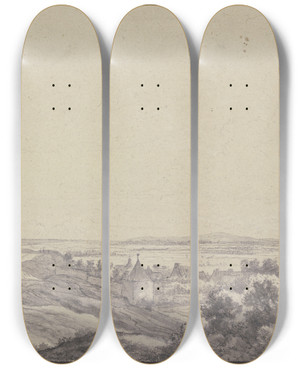 Triptych art skateboard deck of Antonie Waterloo Landschaft Links Ein Turm Einige Mauern Und Huser Rechts Gebsch Fernsicht by Antonie Waterloo (1609-1690)