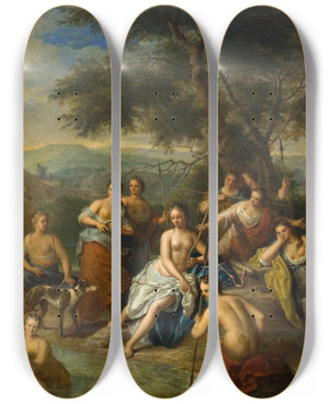 Triptych art skateboard deck of Gerard Hoet Diana And Her Nymphs by Gerard Hoet (1648-1733)