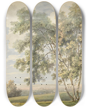 Triptych art skateboard deck of George Barret Landscape With Trees And Sheep Park Landscape With Sheep by George Barret (1767-1842)
