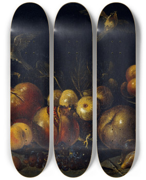 Triptych art skateboard deck of Tommaso Realfonso Still Life With Pomegranates Apples Pears Grapes Figs And Birds by Tommaso Realfonso (1677-1743)