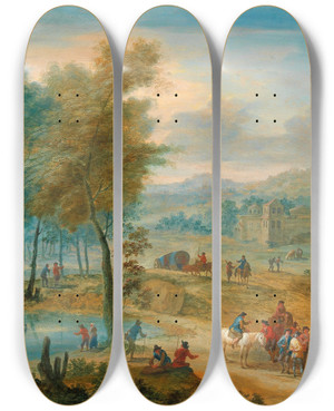 Triptych art skateboard deck of Mathys Schoevaerdts A Wide Landscape With Travellers by Mathys Schoevaerdts (1665-1702)