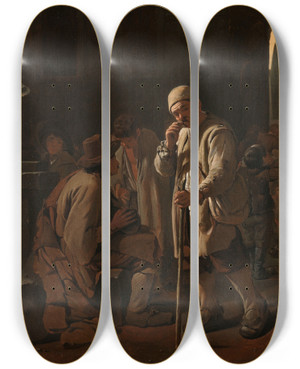 Triptych art skateboard deck of Michael Sweerts Feeding The Hungry by Michael Sweerts (1618-1664)