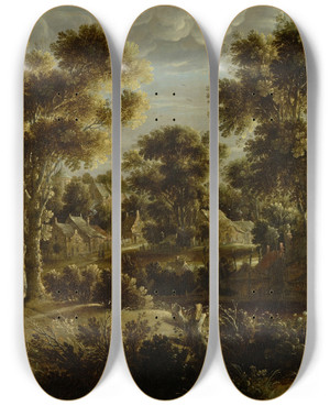 Triptych art skateboard deck of Gillis Claesz De Hondecoeter Forest Landscape With Village by Gillis Claesz De Hondecoeter (1575-1580-1638)