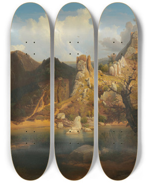 Triptych art skateboard deck of Carl Dahl Landscape With Rugged Cliffs And Mountain Lake by Carl Dahl (1812-1865)