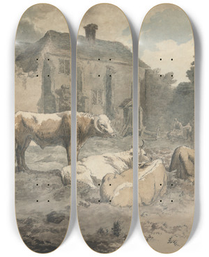 Triptych art skateboard deck of Robert Hills Longhorned Cattle by Robert Hills (1769-1844)
