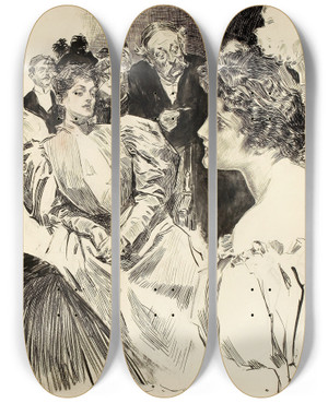 Triptych art skateboard deck of Charles Dana Gibson Tea Room by Charles Dana Gibson (1867-1944)