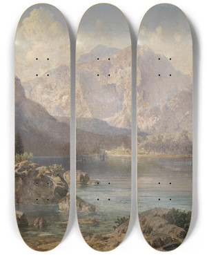 Triptych art skateboard deck of Josef Von Schlgl Der Vordere Langbath See Mit Dem Kaiserlichen Jagdhause by Josef Von Schlogl (1851-1918)