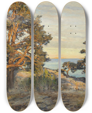 Triptych art skateboard deck of Gottfrid Kallstenius Coastal Landscape At Sunset by Gottfrid Kallstenius (1861-1943)