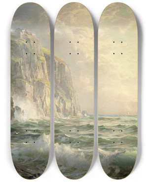 Triptych art skateboard deck of William Trost Richards Rocky Cliff With Stormy Sea Cornwall by William Trost Richards (1833-1905)