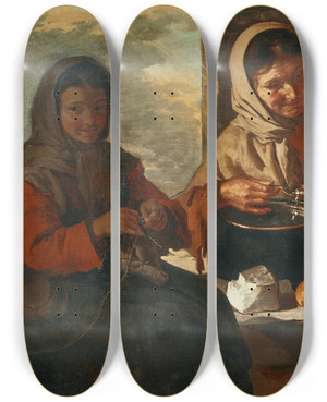 Triptych art skateboard deck of Giacomo Francesco Cipper A Girl Knitting And A Woman Feeding A Child by Giacomo Francesco Cipper (1664-1736)