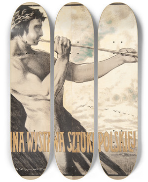Triptych art skateboard deck of Feliks Wygrzywalski Powszechna Wystawa Sztuki Polskiej We Lwowie by Feliks Wygrzywalski (1875-1944)