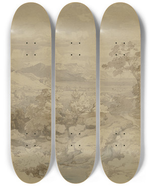 Triptych art skateboard deck of Eduard Wilhelm Pose Italian Landscape_1 by Eduard Wilhelm Pose (1812-1878)