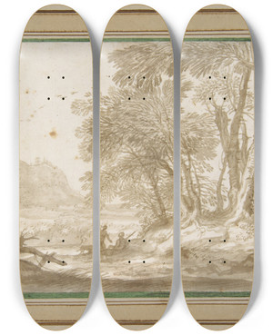 Triptych art skateboard deck of Domenico Piola Wooded Landscape With Two Figures by Domenico Piola (1627-1703)