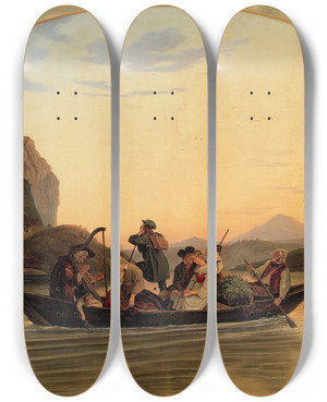 Triptych art skateboard deck of Adrian Ludwig Richter Crossing At Schreckenstein by Adrian Ludwig Richter (1803-1884)