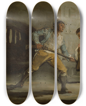 Triptych art skateboard deck of Francisco De Goya El Maragato Threatens Friar Pedro De Zaldivia With His Gun by Francisco de Goya (1746-1828)