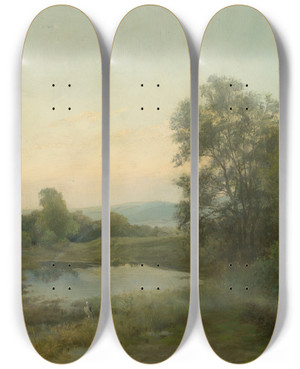 Triptych art skateboard deck of Udovt Ordk Landscape With A Swamp by udovt ordk (1865-1937)