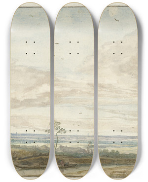 Triptych art skateboard deck of Pieter De Molijn Wijd Landschap Met Een Weg Langs Een Vaart by Pieter de Molijn (1595-1661)
