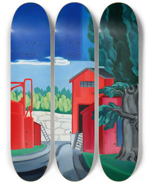 Triptych art skateboard deck of Oscar Bluemner Pagoda Red Tank West Quincy by Oscar Bluemner (1867-1938)