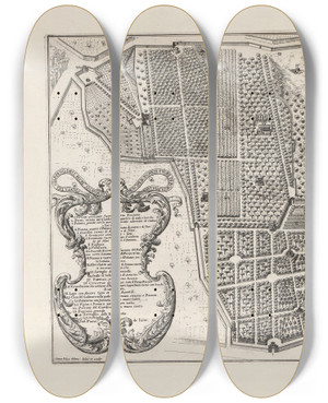 Triptych art skateboard deck of Giovanni Battista Falda Li Giardini Di Roma Con Le Loro Piante Alzate E Vedvte In Prospettiva Pl15 by Giovanni Battista Falda (1643-1678)