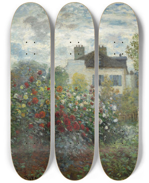 Triptych art skateboard deck of Claude Monet The Artists Garden In Argenteuil A Corner Of The Garden With Dahlias by Claude Monet (1840-1926)