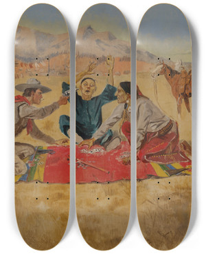 Triptych art skateboard deck of Charles Marion Russell Not A Chinamanschance by Charles Marion Russell (1864-1926)