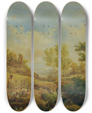 Triptych art skateboard deck of Kroly Mark Landschaft Mit Heuernte by Karoly Marko (1791-1860)