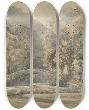 Triptych art skateboard deck of William James Mller Landscape With Bridge by William James Muller (1812-1845)
