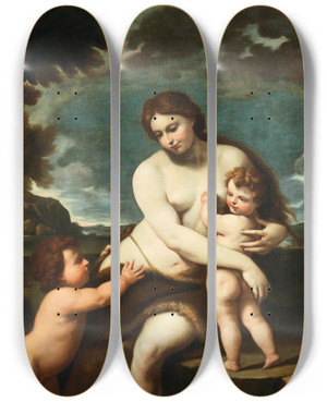 Triptych art skateboard deck of Nicola Vaccaro Adam And Eve With The Infants Cain And Abel by Nicola Vaccaro (1634-1709)