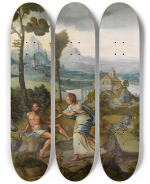 Triptych art skateboard deck of Cornelis Massijs Landscape With Juno And Argus by Cornelis Massijs (1510-1115)