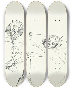 Triptych art skateboard deck of Peter Hansen Lille Pige Lser Hjt For En Syg Kunstnerens Hustru Og Datter by Peter Hansen (1868-1928)