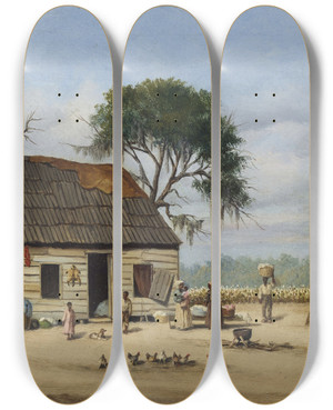 Triptych art skateboard deck of William Aiken Walker Louisiana Cabin Scene by William Aiken Walker (1838-1921)