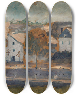 Triptych art skateboard deck of Ernst Schiess Kleine Stadt An Kanal by Ernst Schiess (1872-1919)