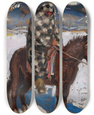Triptych art skateboard deck of Akseli Gallenkallela Indian On Horseback In Snow by Akseli Gallen Kallela (1865-1931)