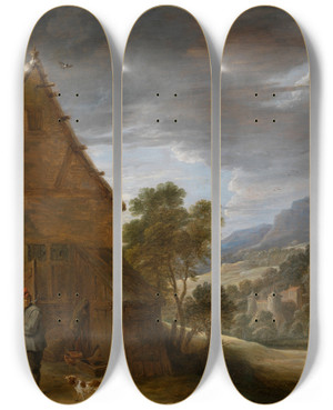 Triptych art skateboard deck of David Teniers The Younger Tavern Scene_2 by David Teniers The Younger (1610-1690)