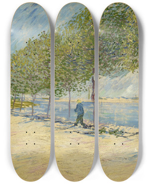 Triptych art skateboard deck of Vincent Van Gogh Along The Seine by Vincent van Gogh (1853-1890)