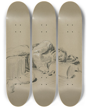 Triptych art skateboard deck of Wilhelm Busch Betrunkener Umgekippt Am Boden Liegend by Wilhelm Busch (1832-1908)