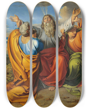 Triptych art skateboard deck of Joseph Von Fhrich The Praying Moses With Aaron And Hur On The Mountain Horeb by Joseph Von Fuhrich (1800-1876)