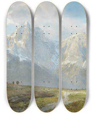 Triptych art skateboard deck of Konrad Petrides Mountain Landscape_2 by Konrad Petrides (1864-1943)