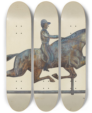 Triptych art skateboard deck of George File Horse And Rider Weather Vane by George File