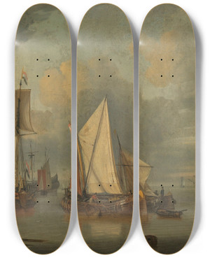 Triptych art skateboard deck of Jan Claesz Rietschoof A Calm Ships In The Harbor By Calm Weather by Jan Claesz Rietschoof (1651-1719)