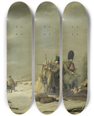 Triptych art skateboard deck of Johannes Hari Bivouac At Molodechno 34 December 1812 An Episode From Napoleons Retreat From Russia by Johannes Hari (1772-1849)