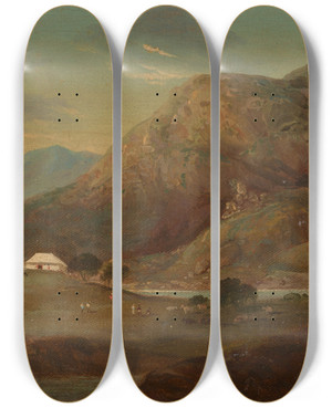 Triptych art skateboard deck of Sir Charles Doyly An Encampment By A River At Dusk_2 by Sir Charles Doyly (1781-1845)