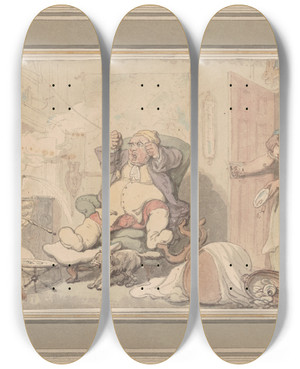Triptych art skateboard deck of Thomas Rowlandson The Disaster by Thomas Rowlandson (1756-1827)