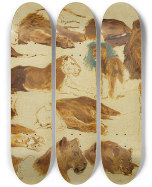 Triptych art skateboard deck of Rosa Bonheur A Sketch Of Lions And Lionesses by Rosa Bonheur (1822-1899)